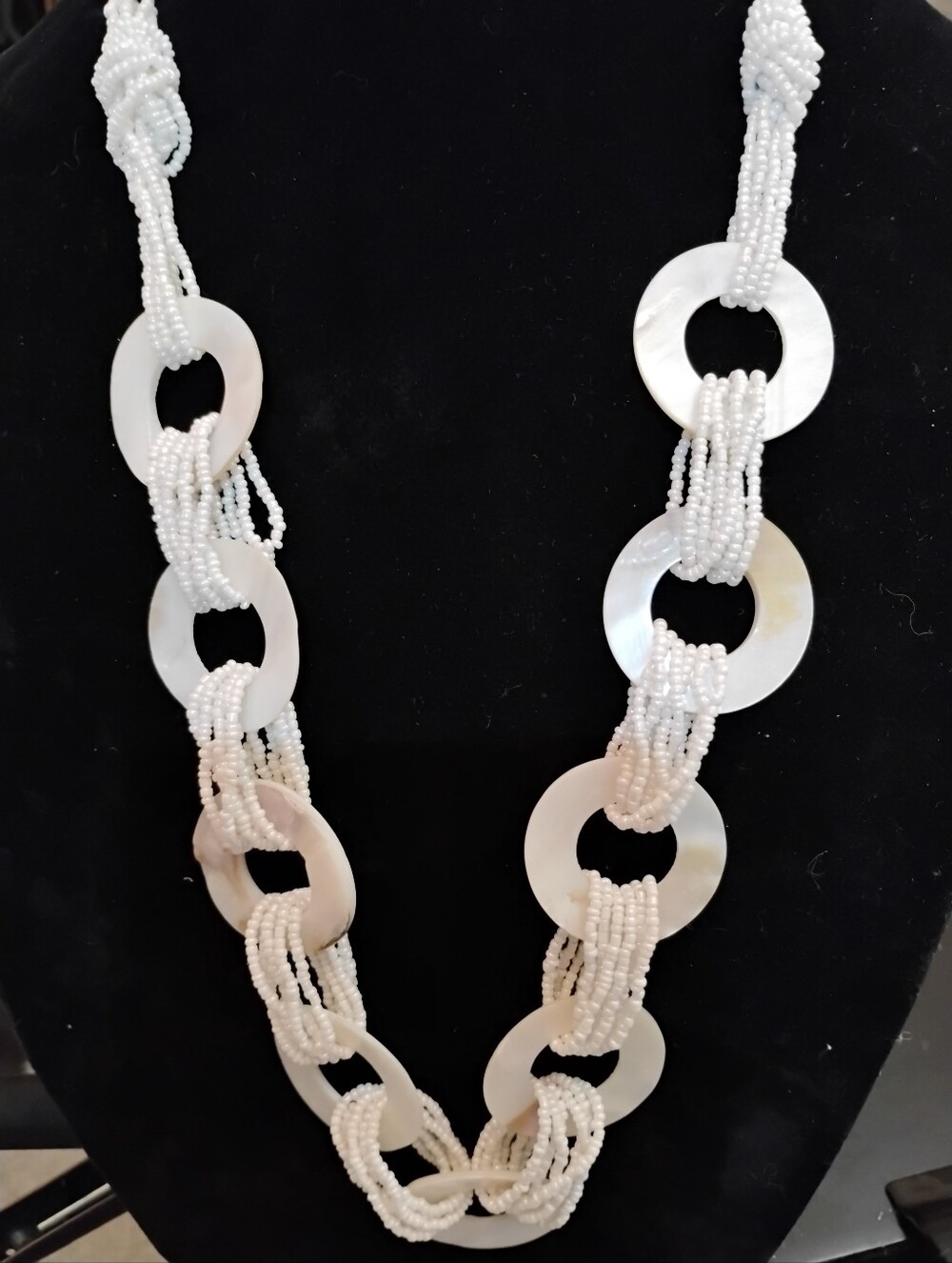 White Beaded Shell Link Necklace - Definite Statement Piece.